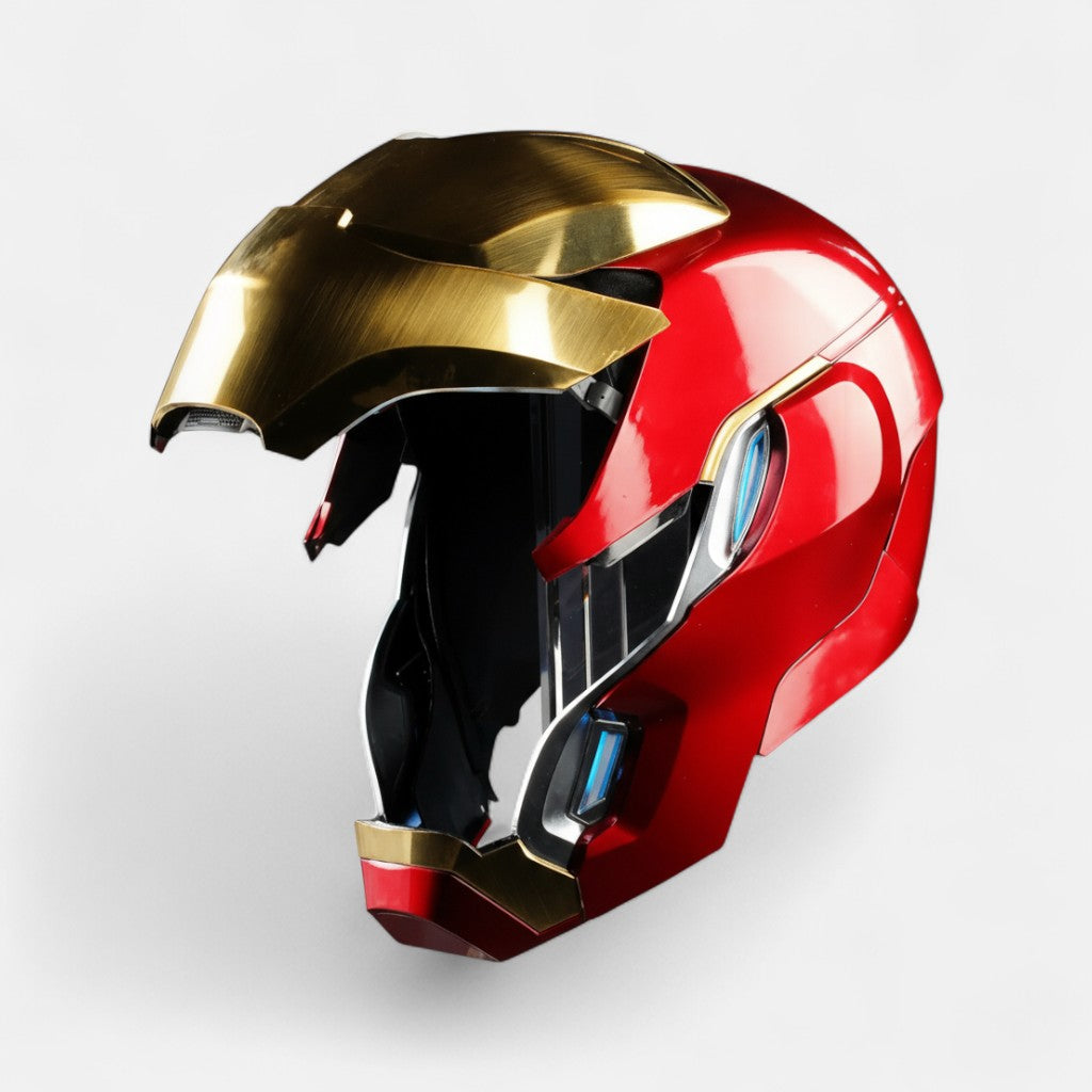 Iron Man MK50 Helmet diagonal side and half opened on a plain background.