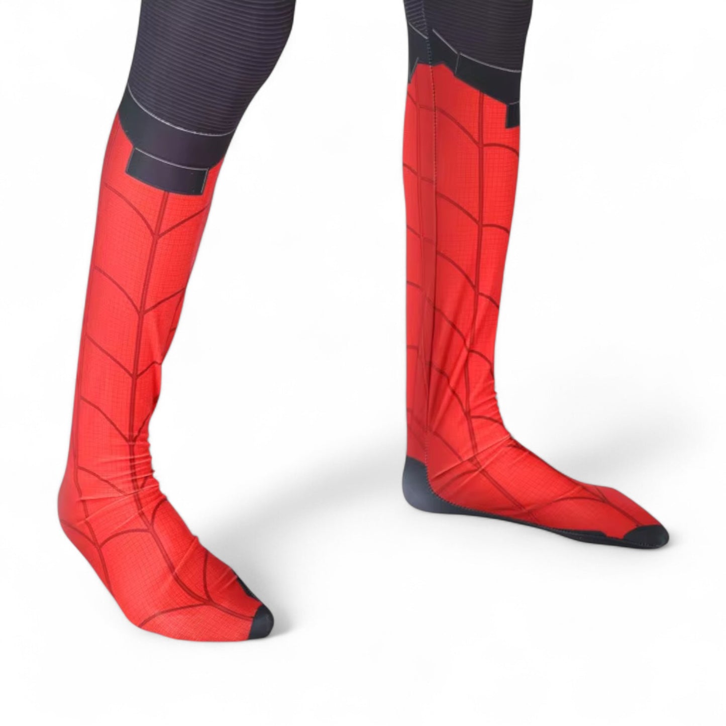 Close-up of Spider-Man costume feet and legs, displaying the boot design and lower suit details.