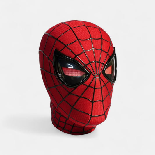 The Amazing Spiderman Mask with Blinking Movable Eyes Remote Controlled and LED Lights Red LED Eyes Closed Spiderman mask with plain white background