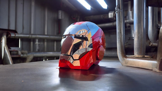 Iron Man MK5 Helmet Silver Edition on an industrial themed metallic background.