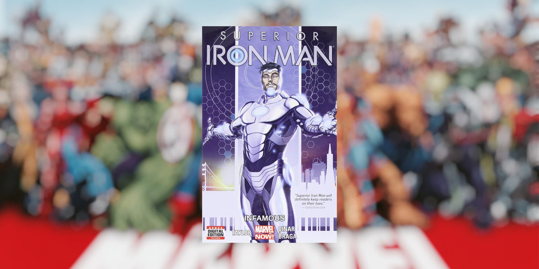 The Superior Iron Man Comic Cover with a Marvel Comics themed background.