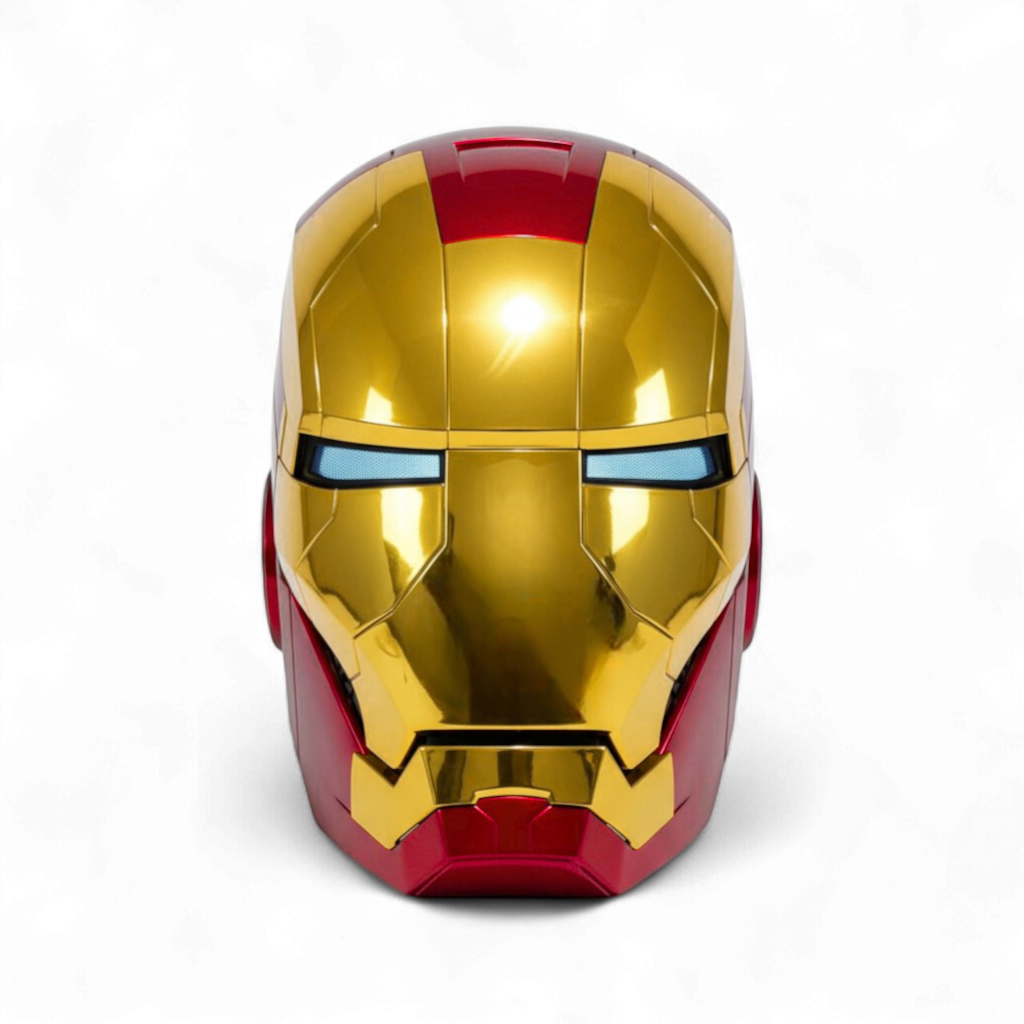 The gold Iron Man MK5 helmet with blue eyes on a plain white background.
