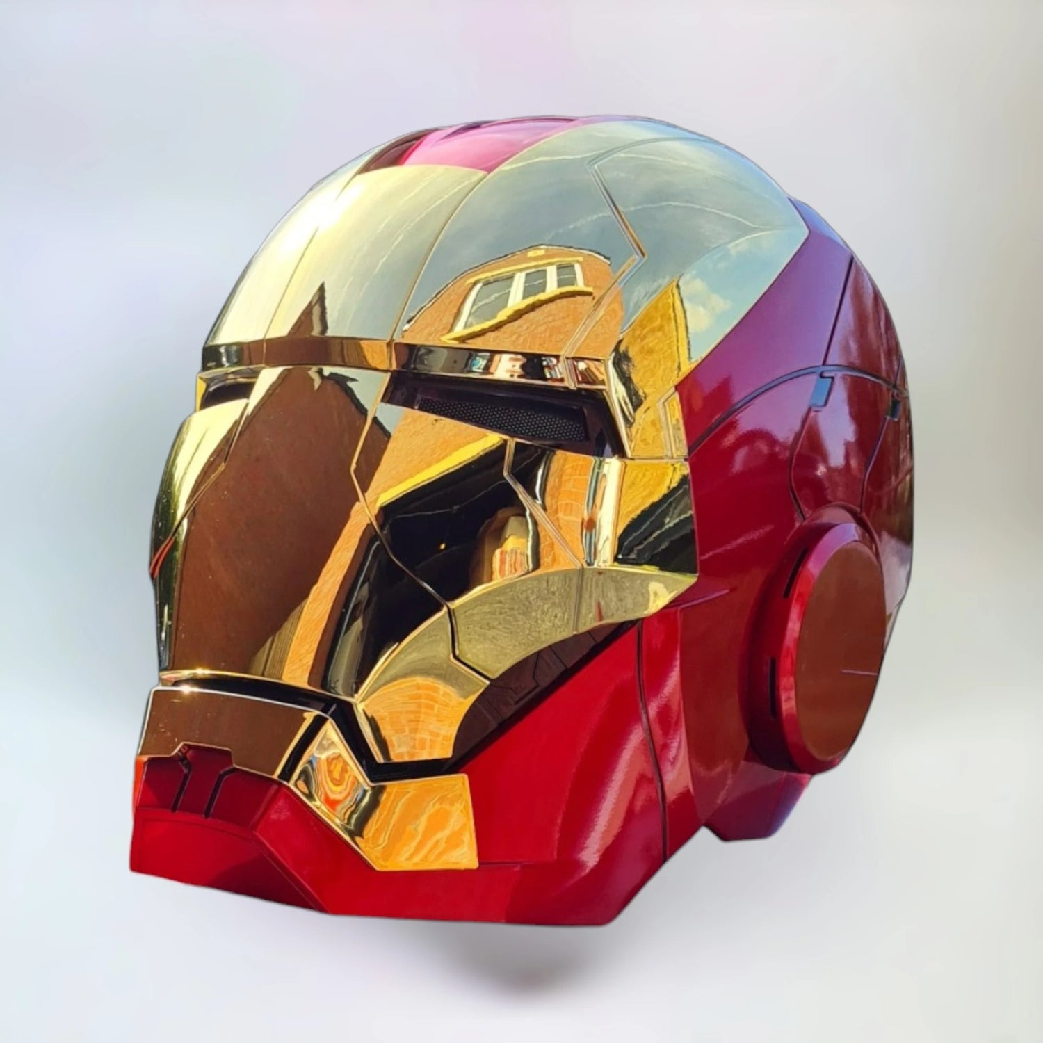 Iron Man MK5 helmet gold edition on a plain white background, part of The Iron Man MK5 Series collectibles