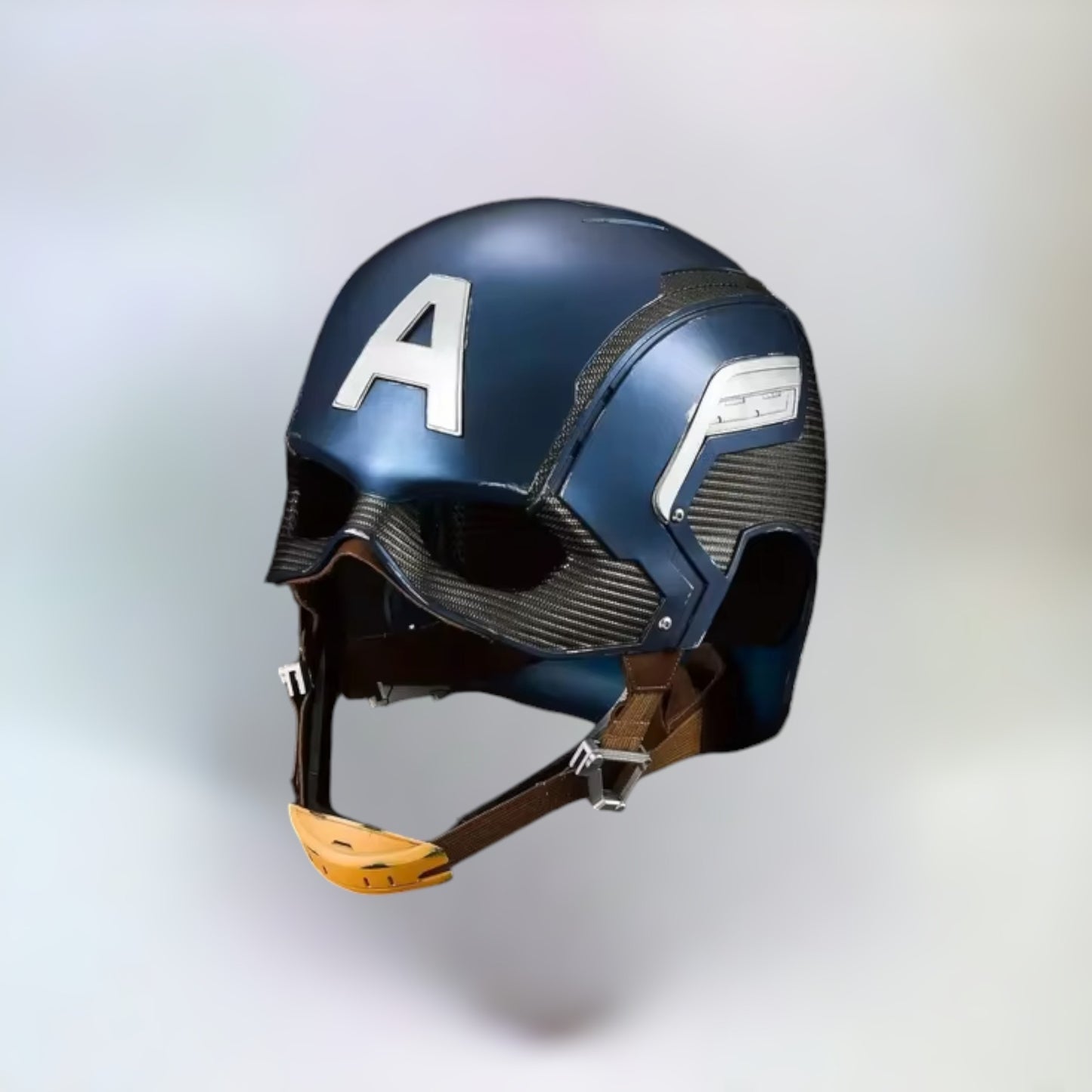 A very realistic battle damaged Captain America helmet, diagonal front side view with plain white background.