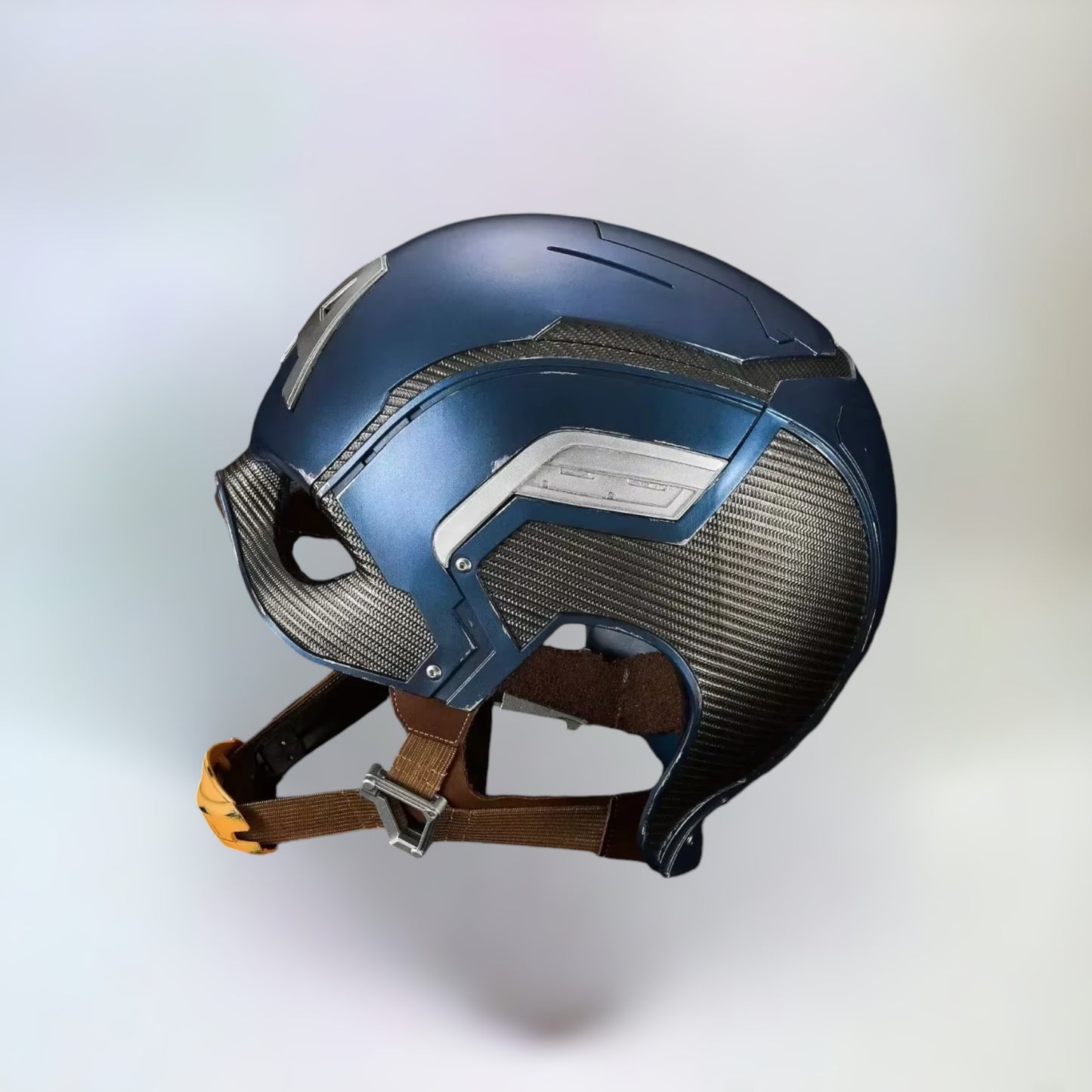 A very realistic battle damaged Captain America helmet, side with plain white background.