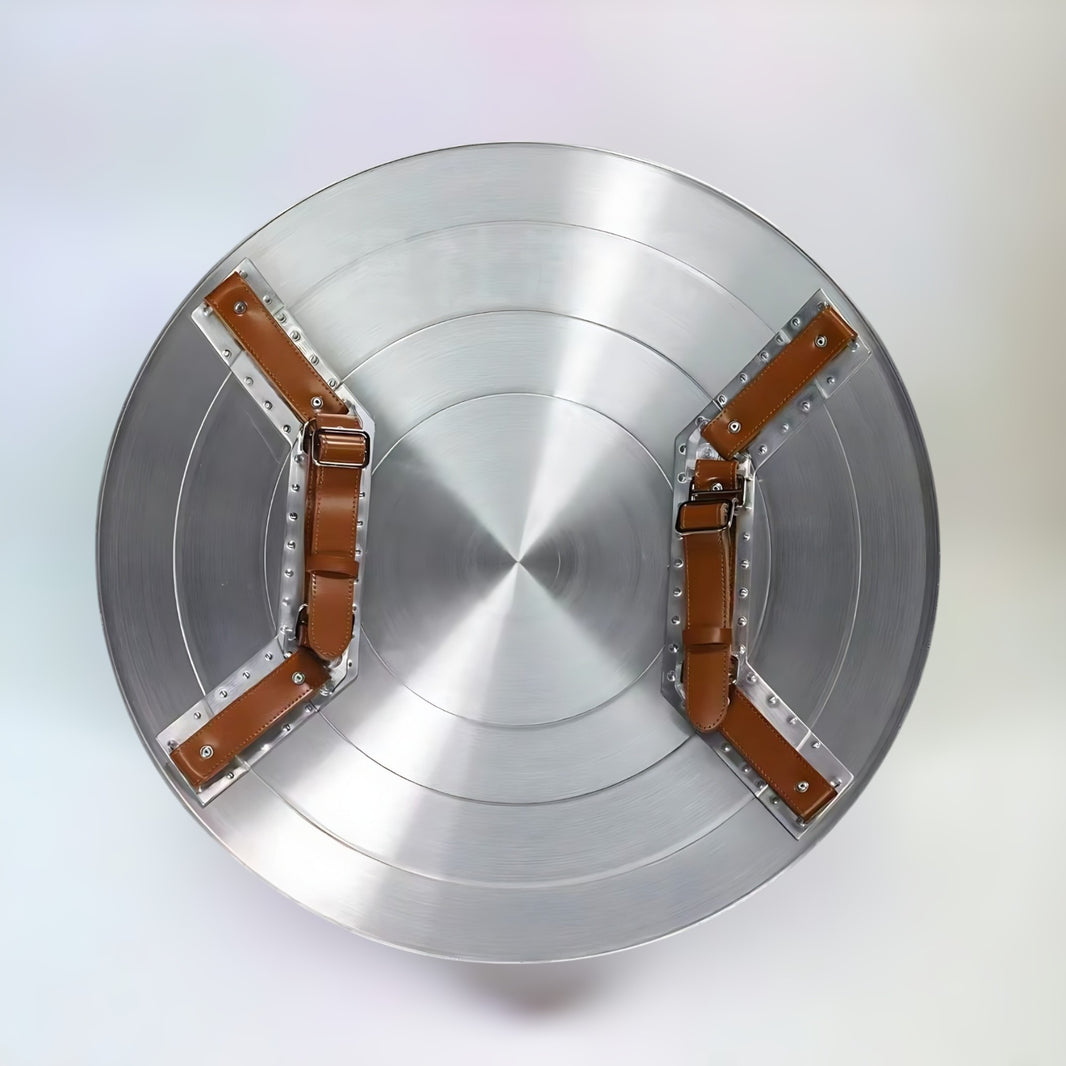 Back view of Captain America's iconic shield made from high-quality aviation aluminium alloy on a plain white background, showing the straps and details.