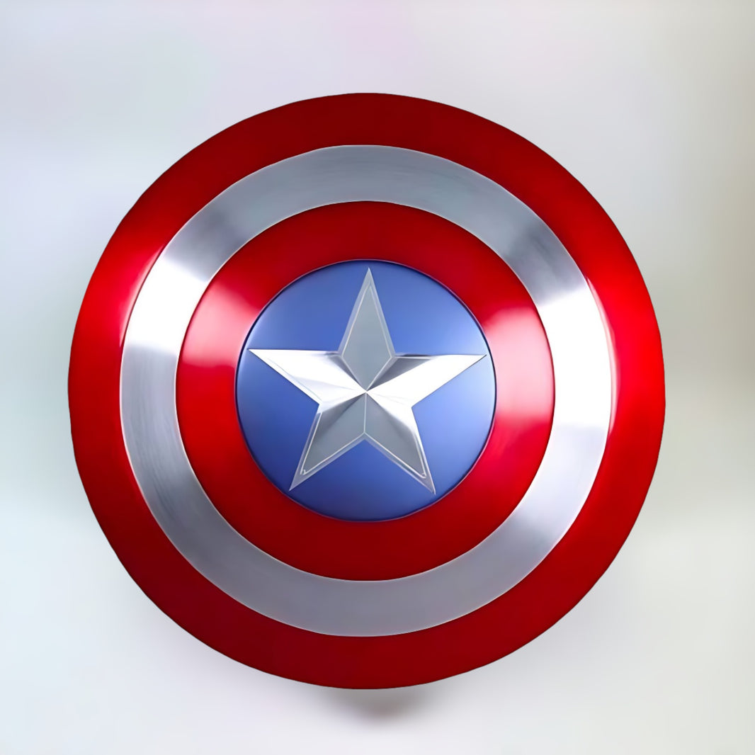 Front view of Captain America's iconic shield made from high-quality aviation aluminium alloy on a plain white background.