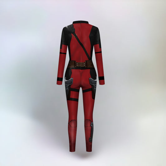 Deadpool costume back side with plain white background.