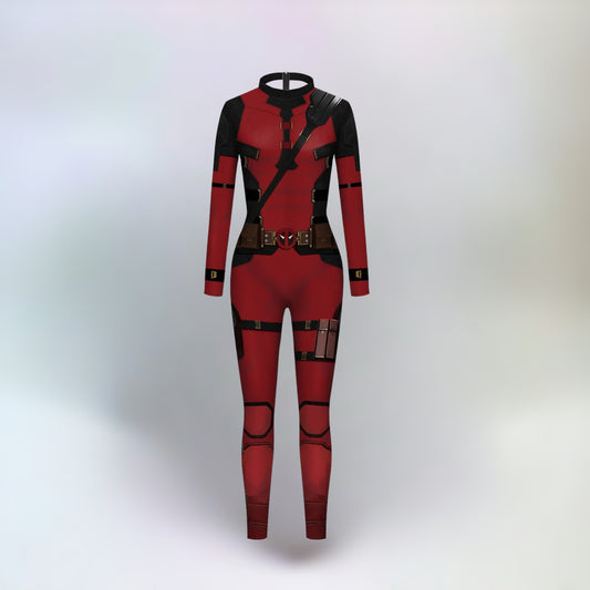 Deadpool costume front side with plain white background.