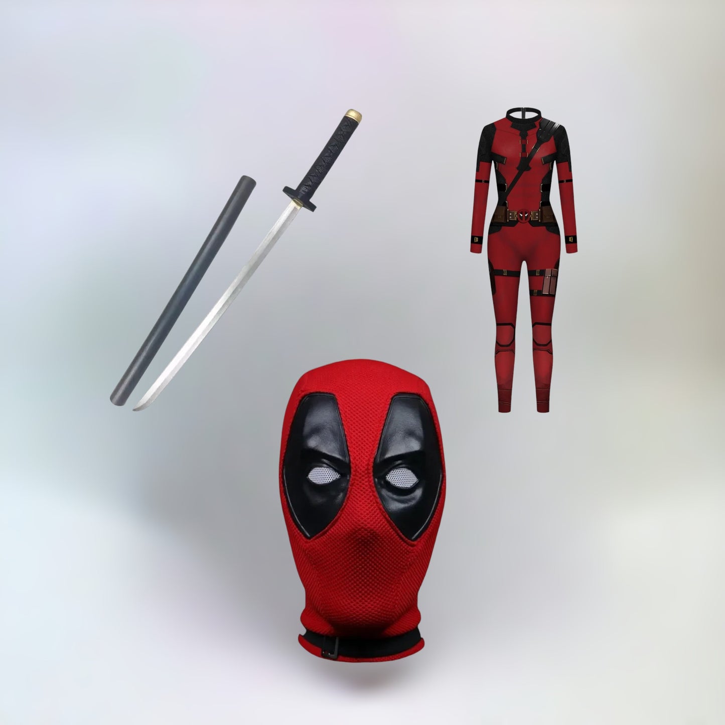 Deadpool bundle of a deadpool mask, katanas and costume.