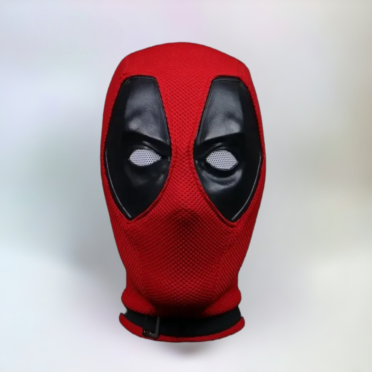 Deadpool mask fabric and leather eyes, deadpool and wolverine, deadpool mask with plain white background.
