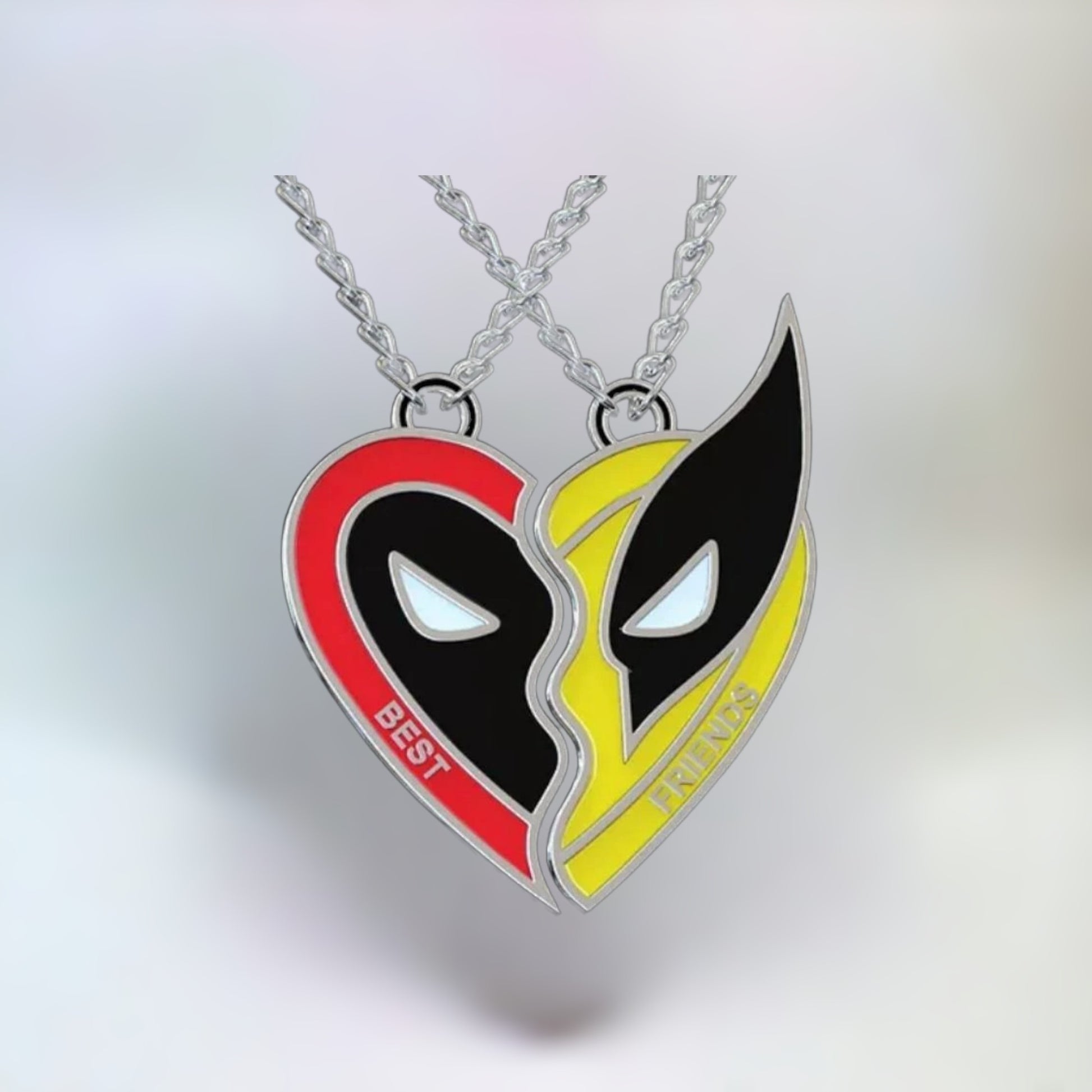 Deadpool and Wolverine best friends necklace featuring two interlocking pendants on a plain white background.