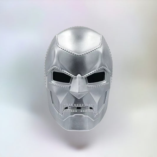 Robert Downey Jr's Doctor Doom mask with a white background.