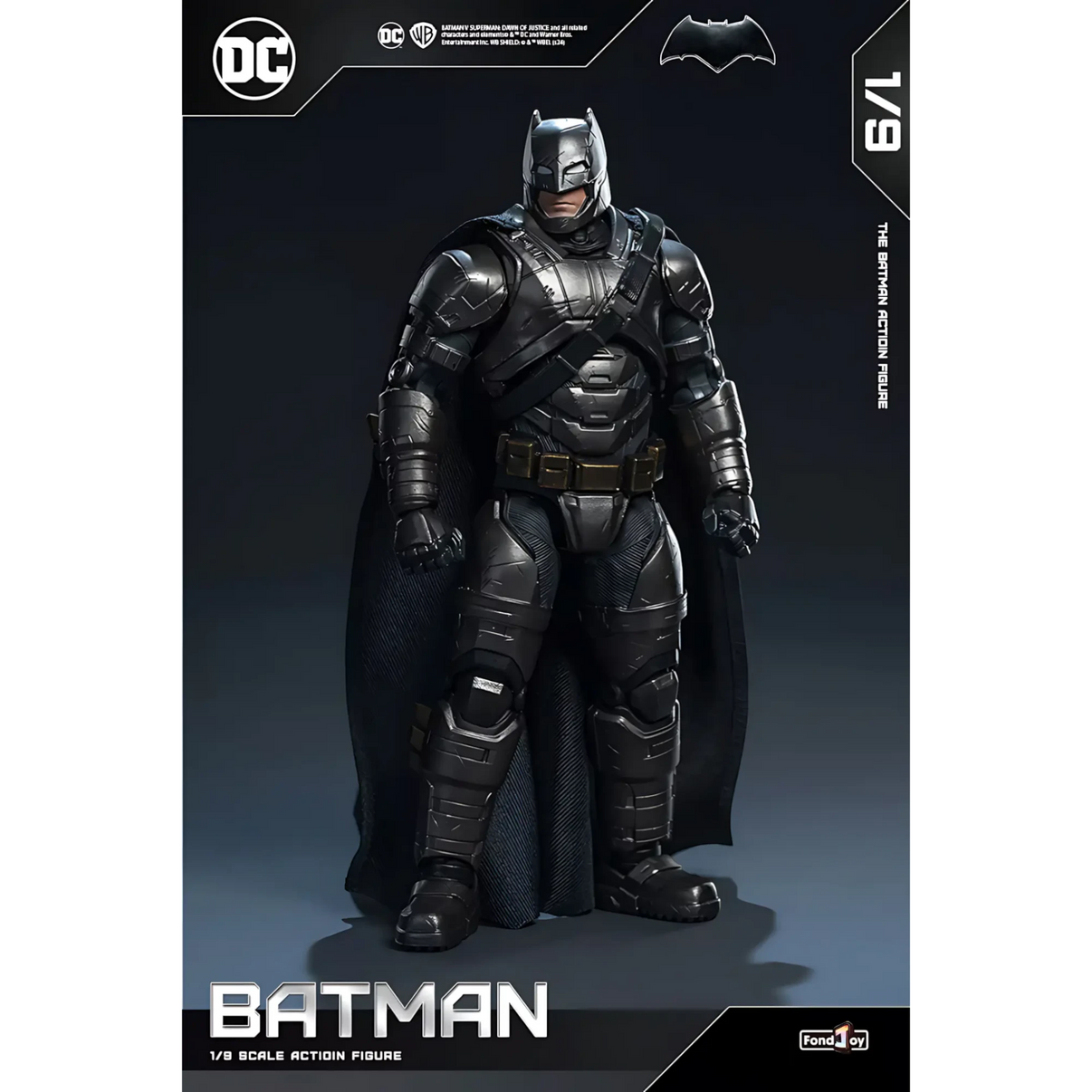 Batman action figure with detailed armor on a dark background, featuring DC logos.
