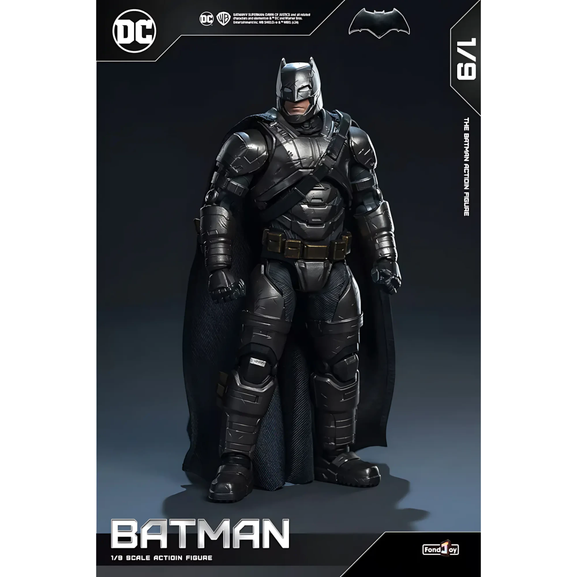 Batman action figure with detailed armor on a dark background, featuring DC logos.