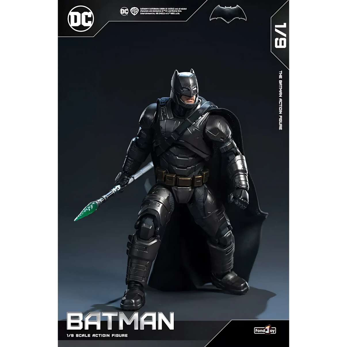 Batman action figure on a dark background with DC branding