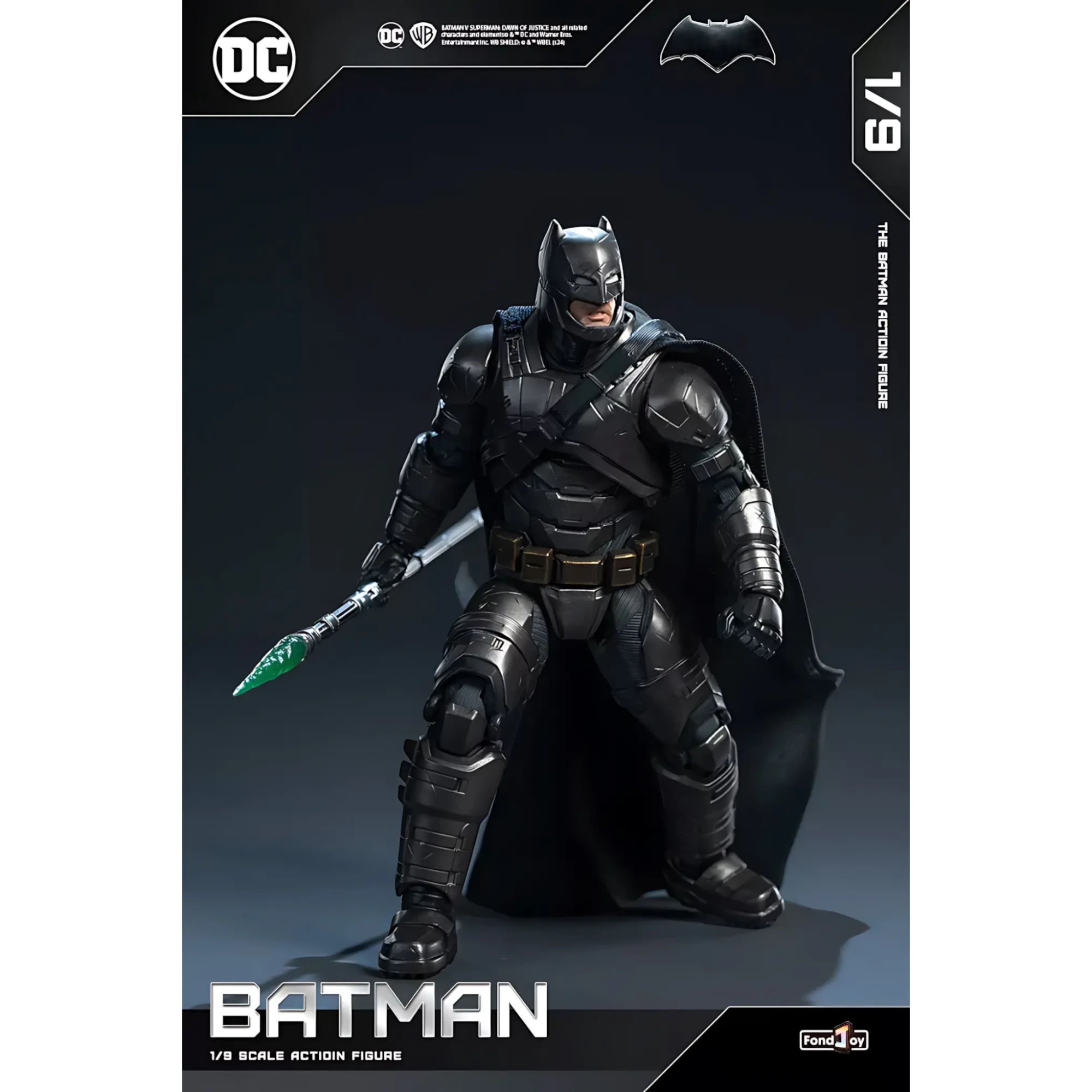 Batman action figure on a dark background with DC branding