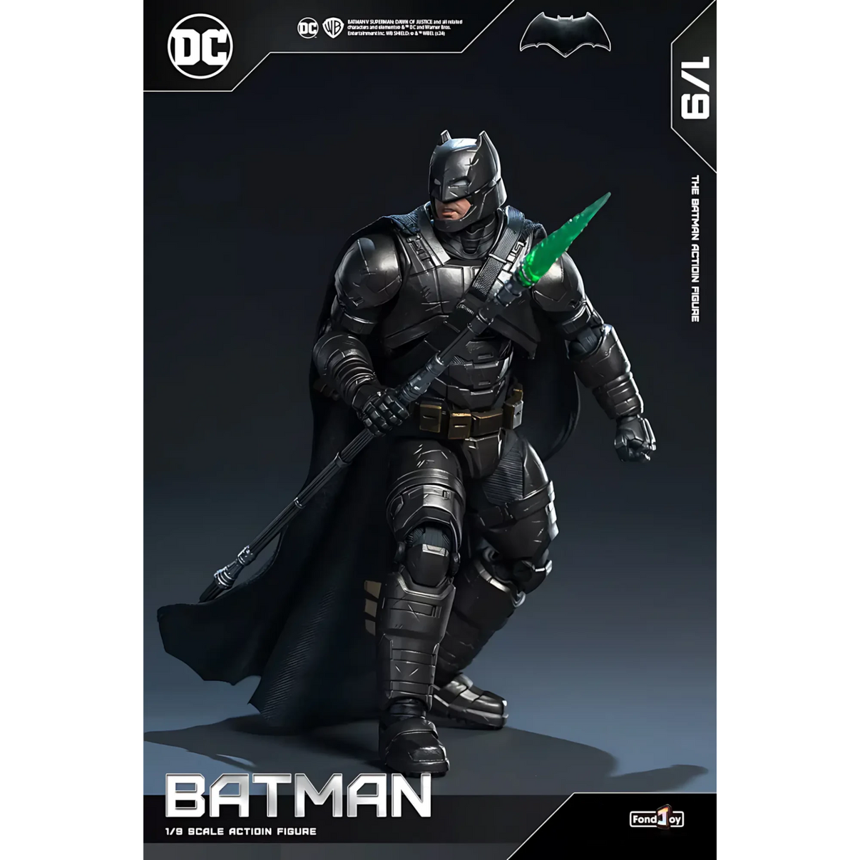 Batman action figure with a green spear on a dark background
