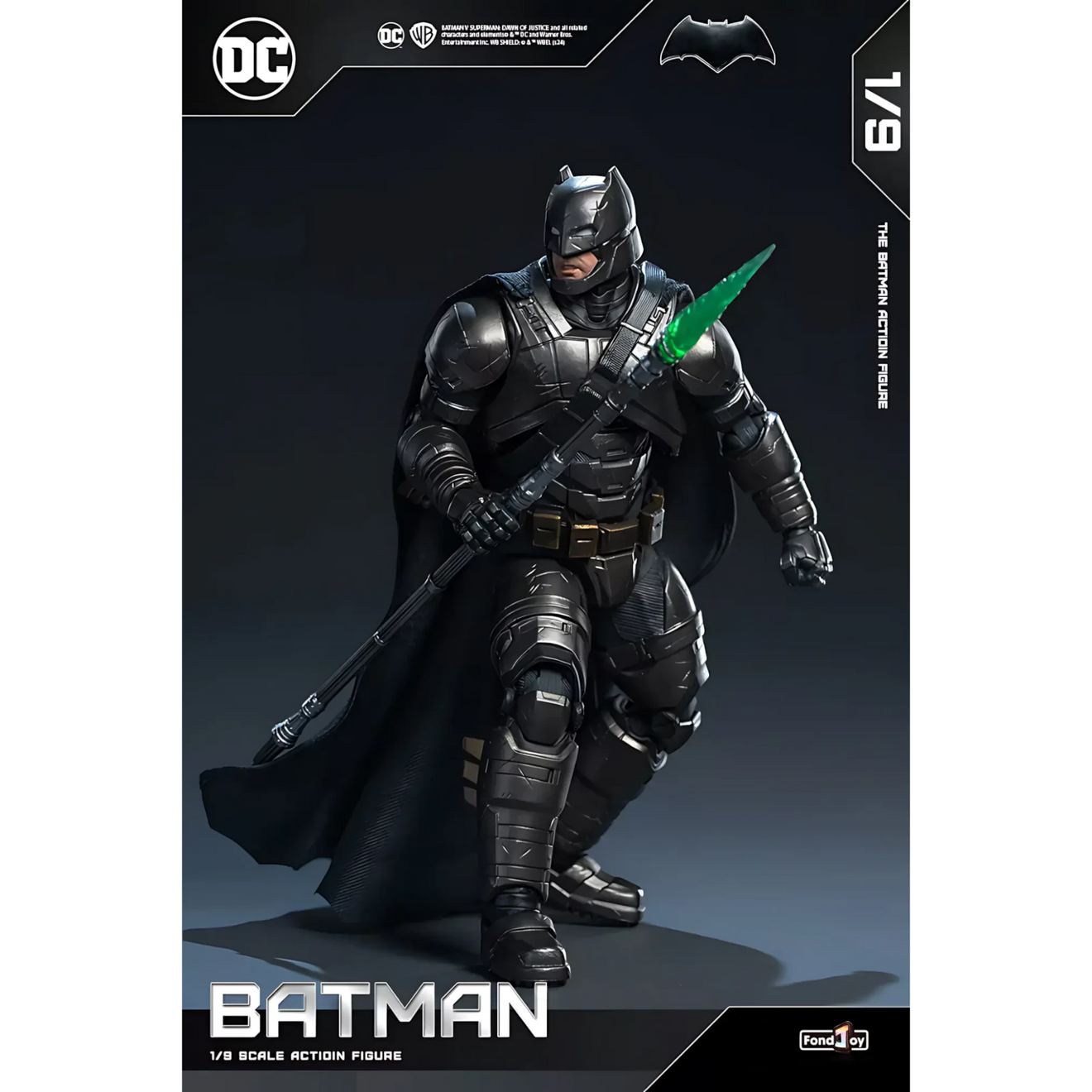 Batman action figure with a green spear on a dark background