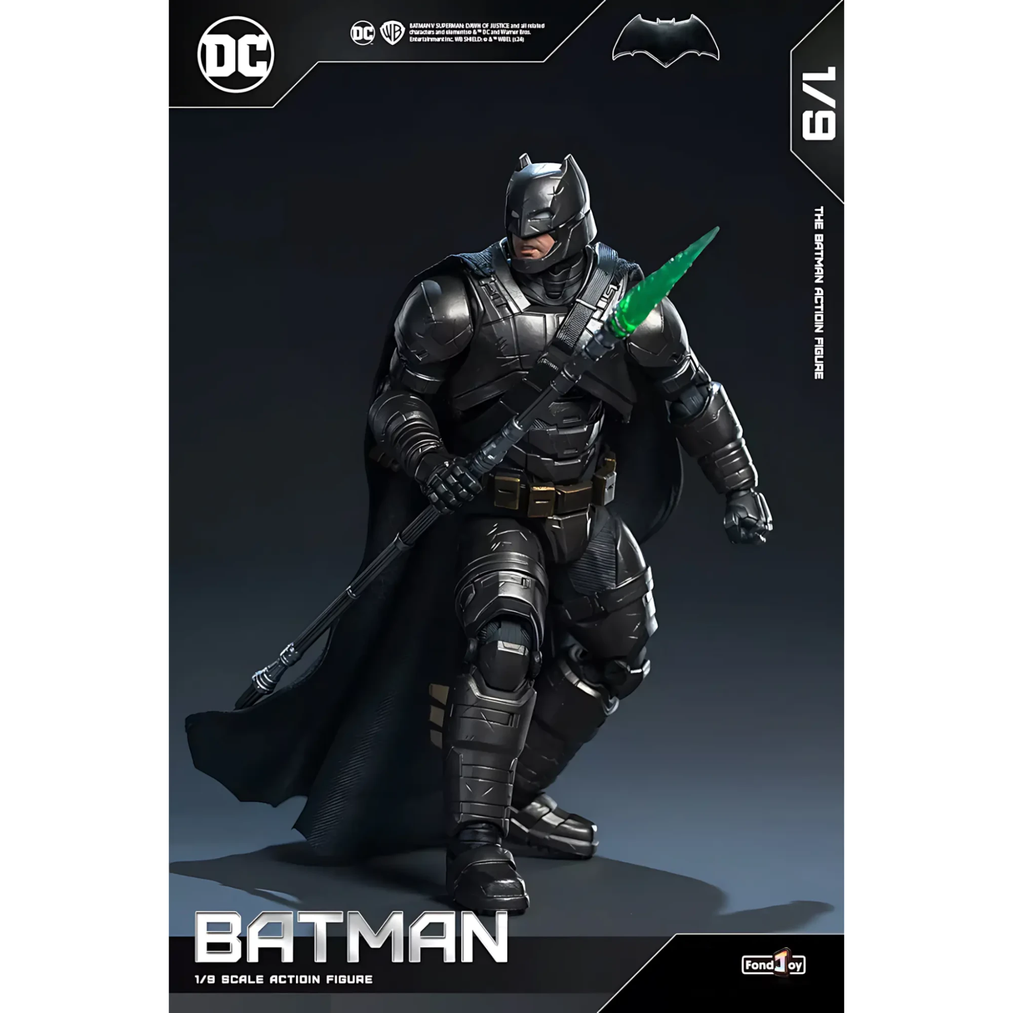 Batman action figure with a green spear on a dark background