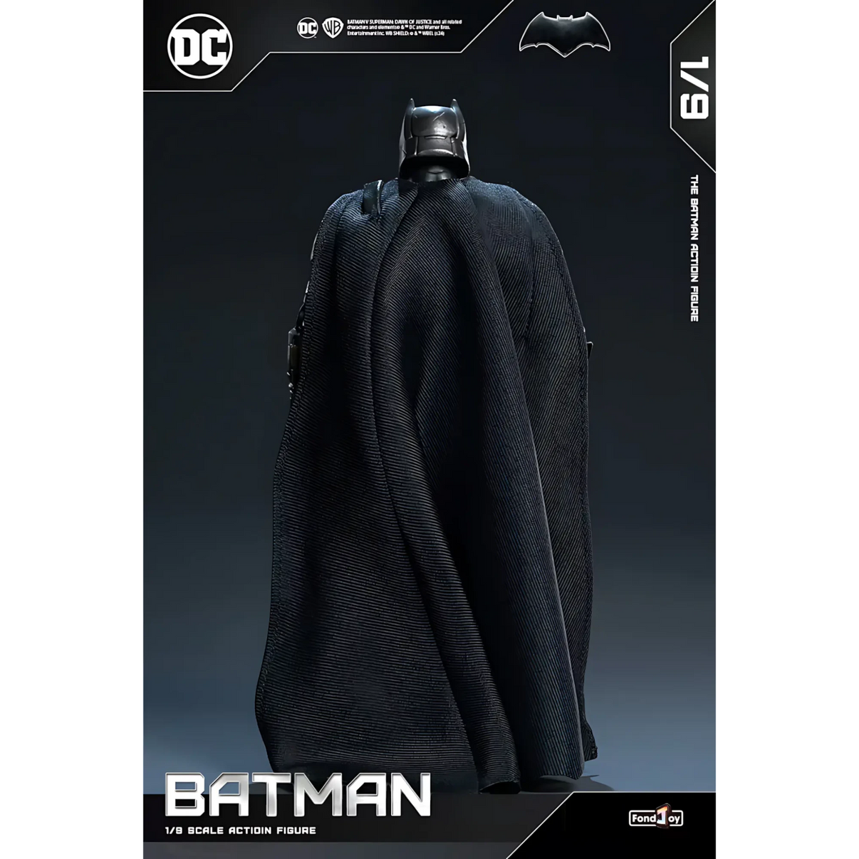 Batman action figure on a dark background with DC Comics branding