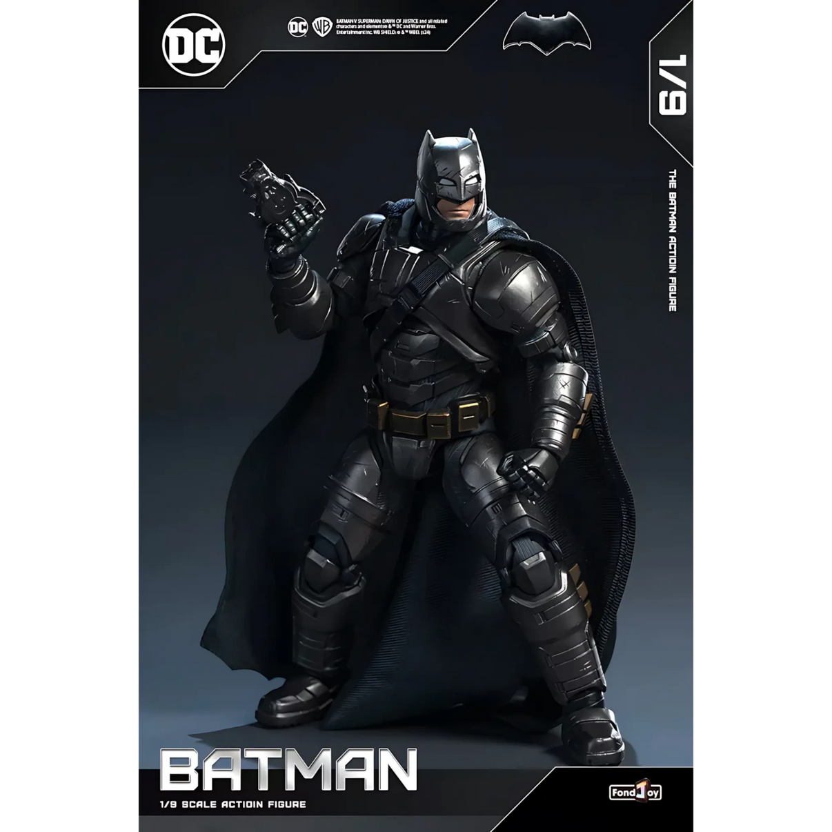 Batman action figure on a dark background with DC logo