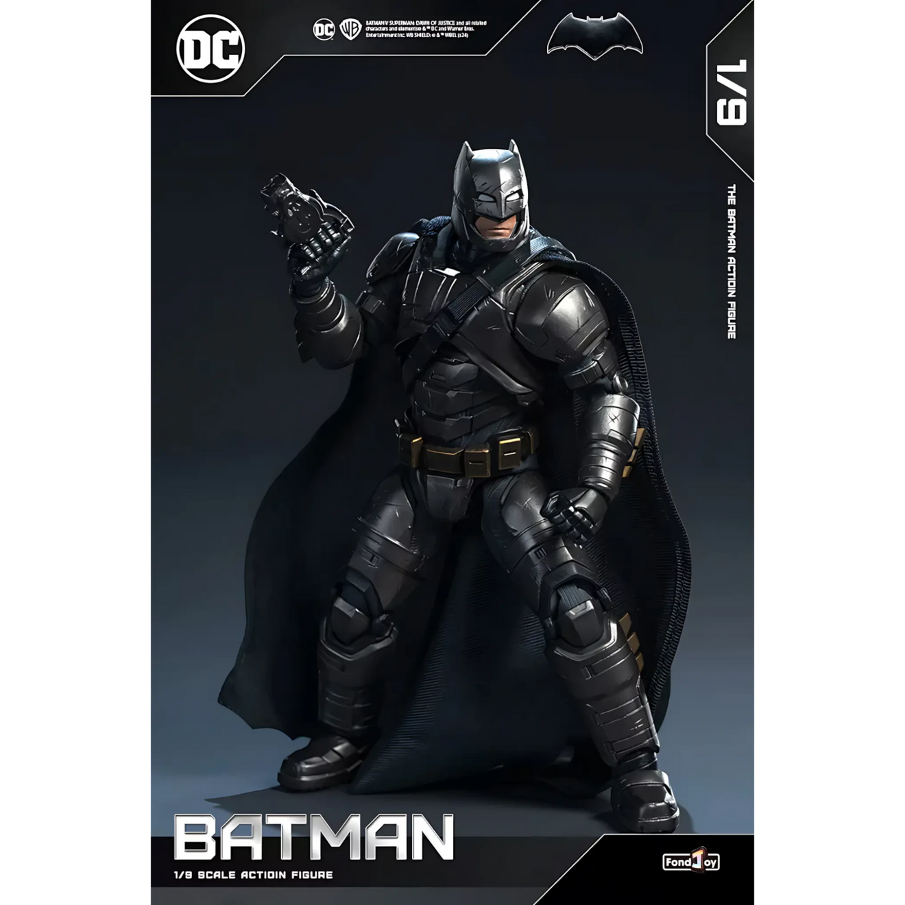 Batman action figure on a dark background with DC logo
