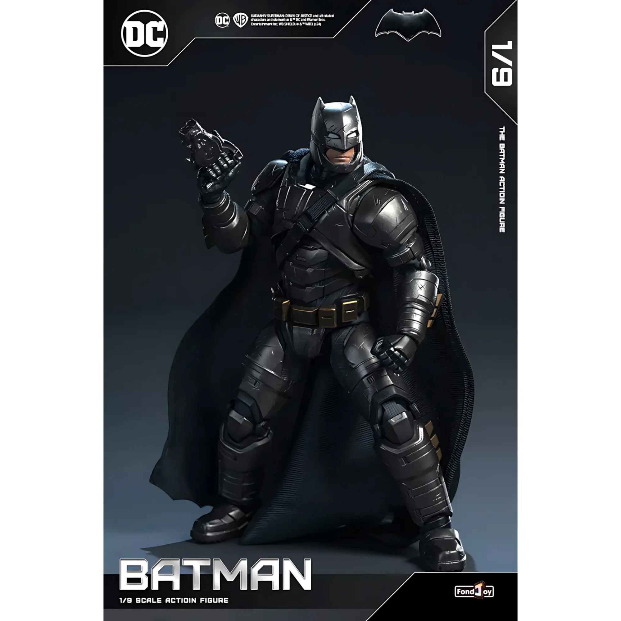 Batman action figure on a dark background with DC logo