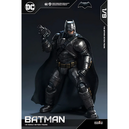 Batman action figure on a dark background with DC logo