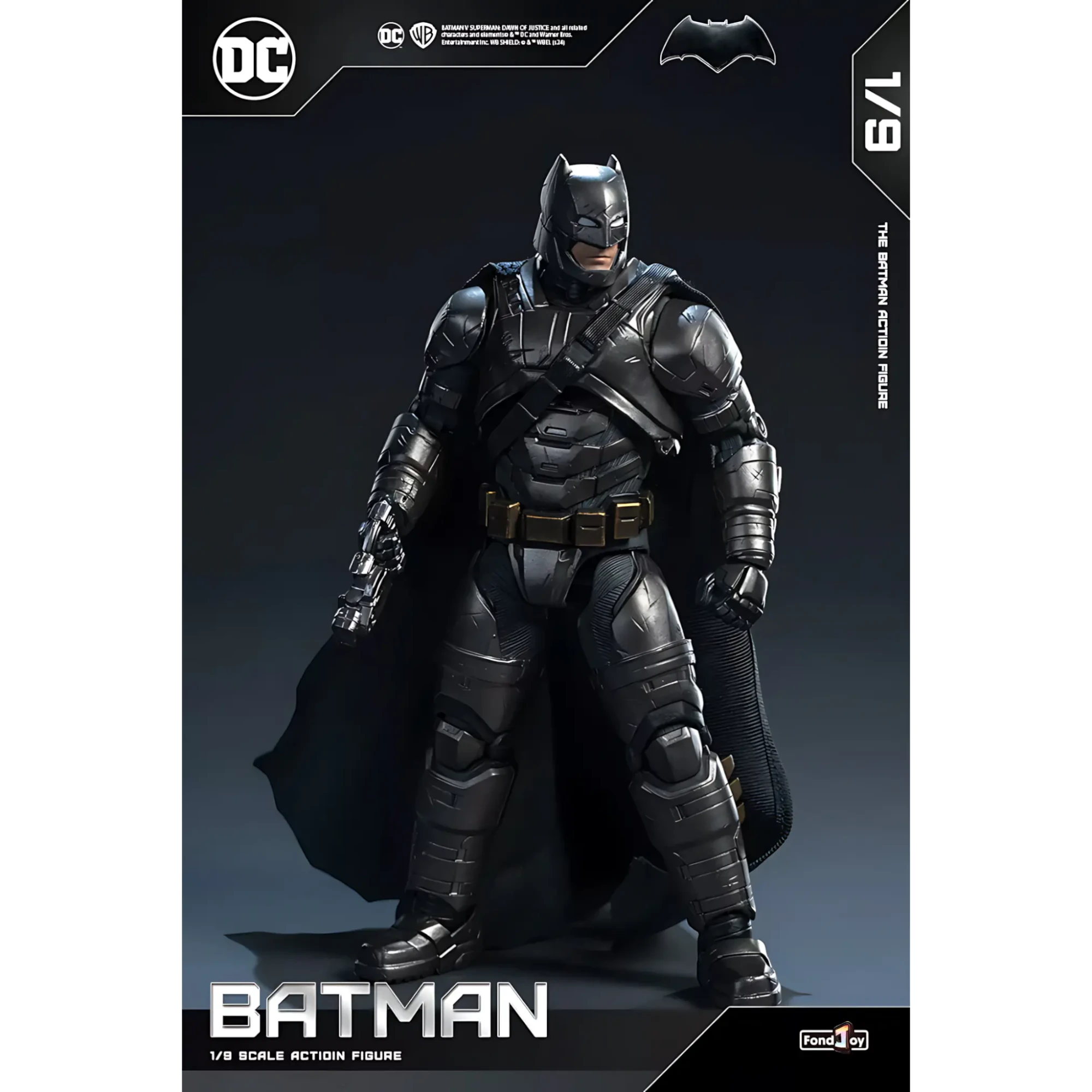 Batman action figure with detailed costume and cape on a dark background