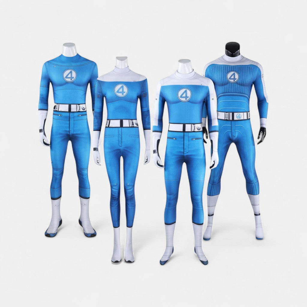 All costumes of the Fantastic Four team displayed on mannequins with a light grey background.