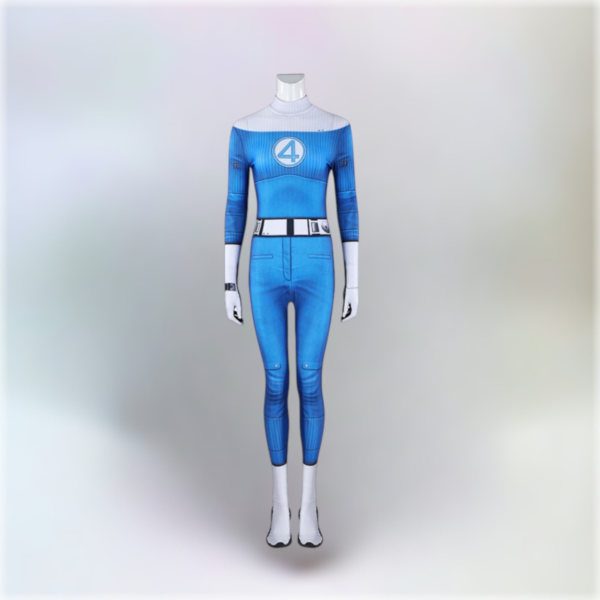 Invisible Woman costume displayed on a mannequin with a light grey background.
