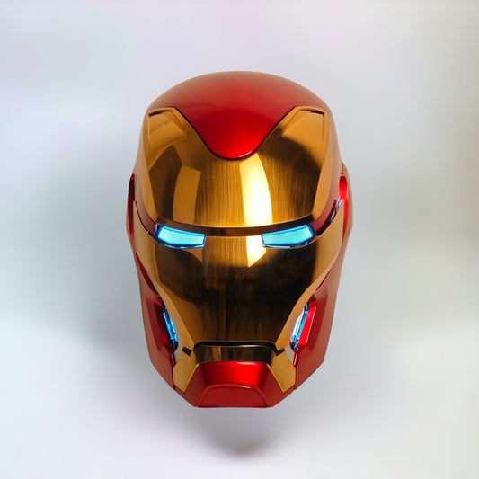 Iron Man MK50 Helmet front side with blue lights on a plain background.