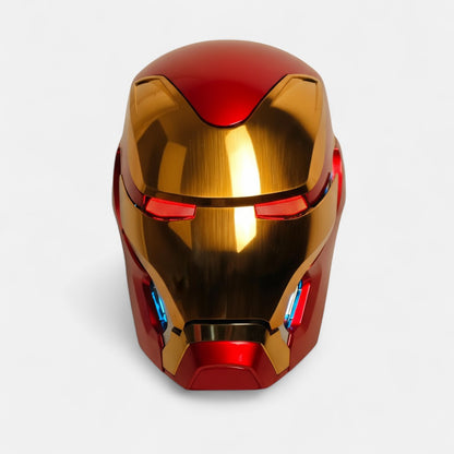 Iron Man MK50 Helmet front side with red lights on a plain background.