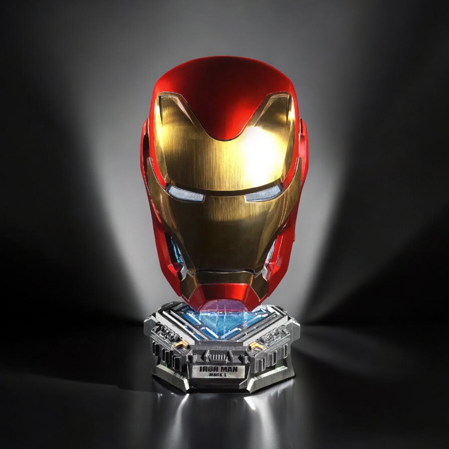 Iron Man MK50 Helmet on stand with a dark background.