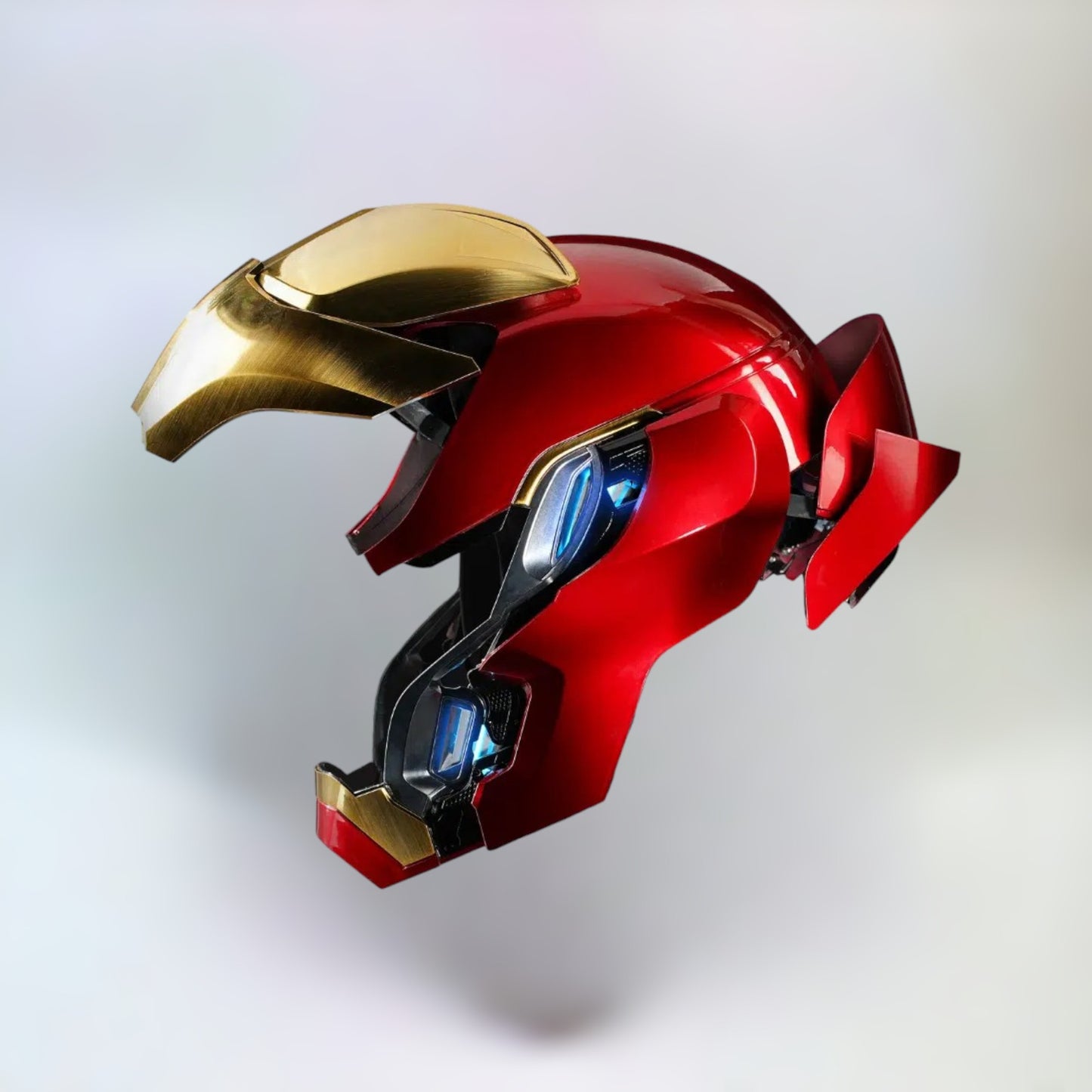 Iron Man MK50 Helmet side view and fully opened on a plain background.