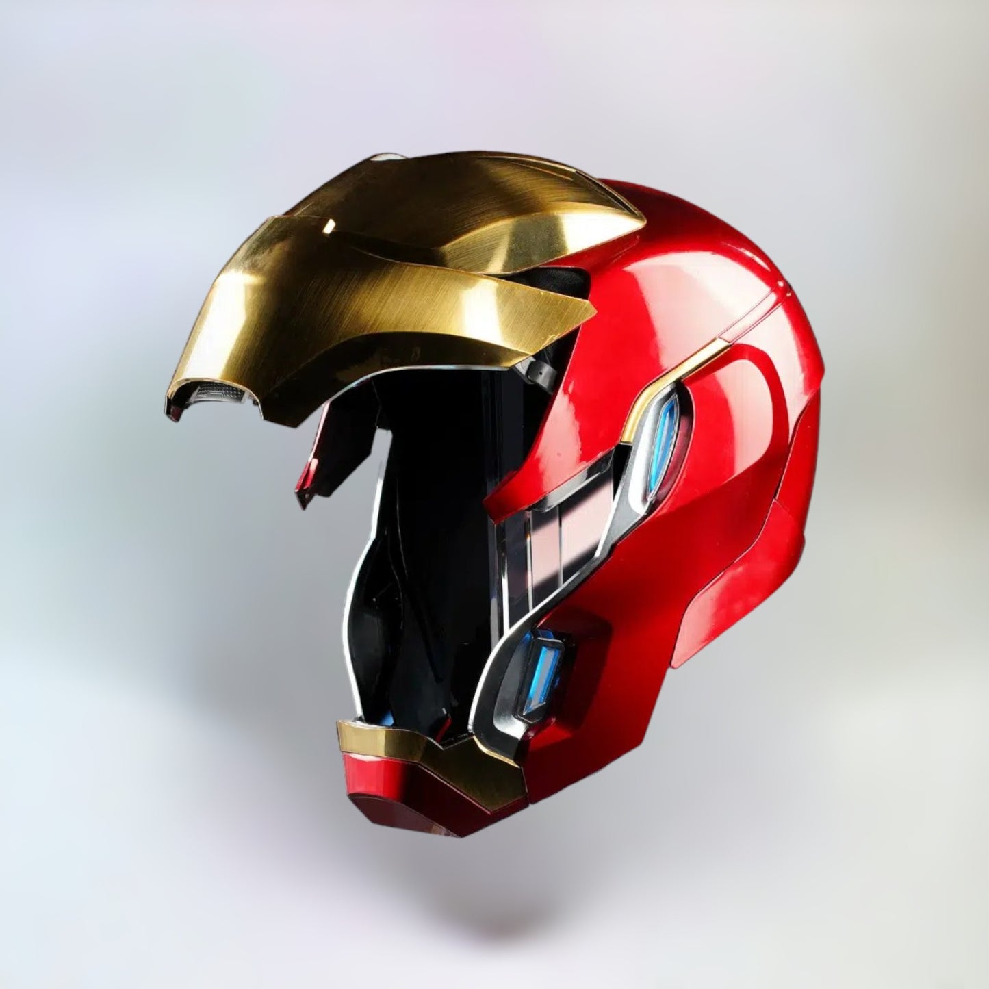 Iron Man MK50 Helmet diagonal side and half opened on a plain background.