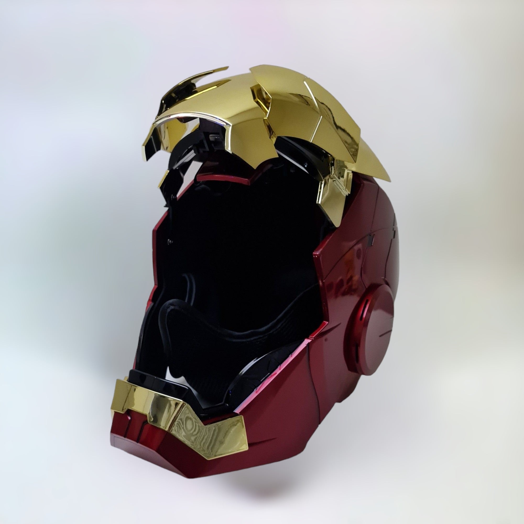 Iron Man Helmet MK5 Gold opened using the jarvis voice activation.