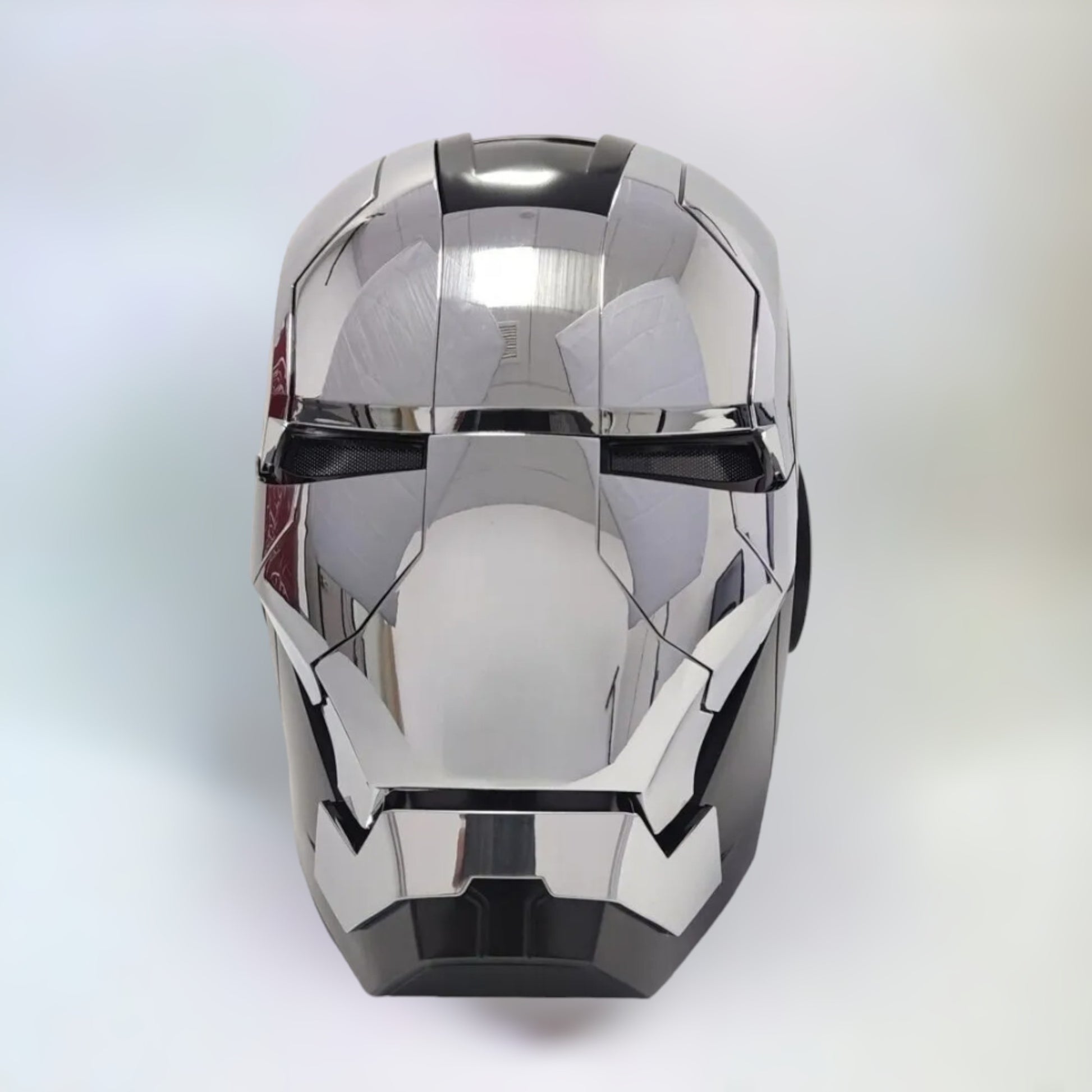 Iron Man Helmet MK5 Black War Machine Edition With Jarvis Voice Activation front side view on plain white background.