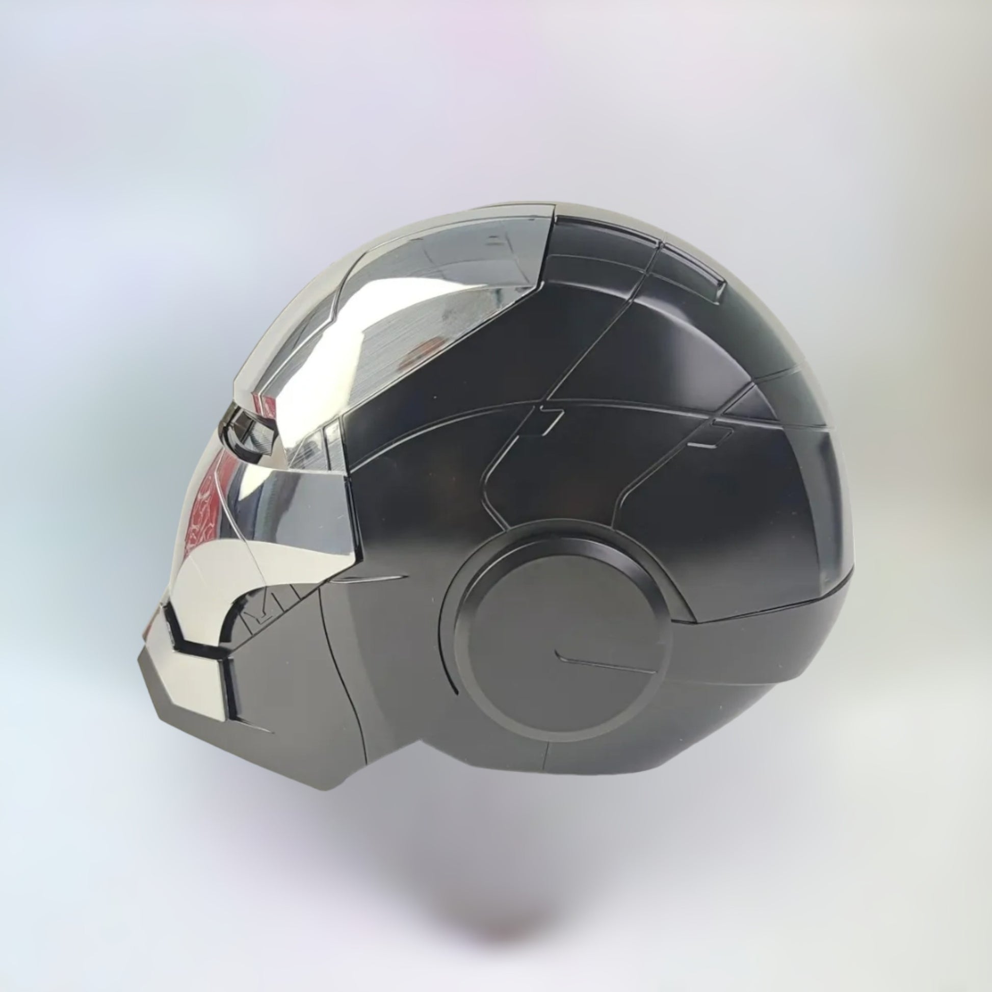Iron Man Helmet MK5 Black War Machine Edition With Jarvis Voice Activation side view on plain white background.