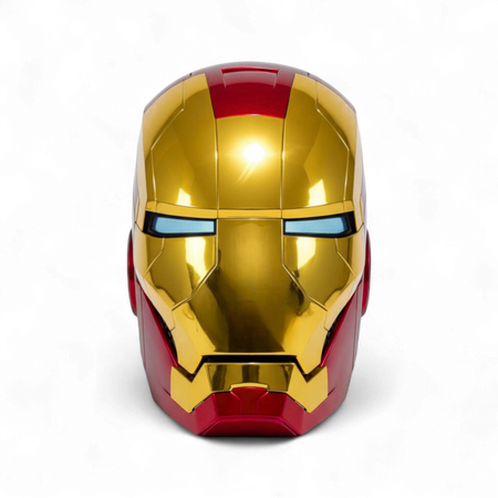 The gold Iron Man MK5 helmet front side with blue eyes.