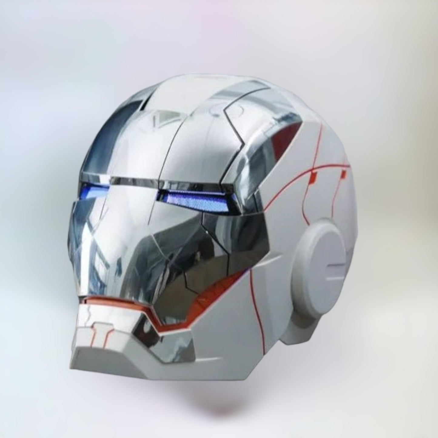 Iron Man Helmet MK5 White Edition with Jarvis Voice Control and Blue Eyes on a plain white background.