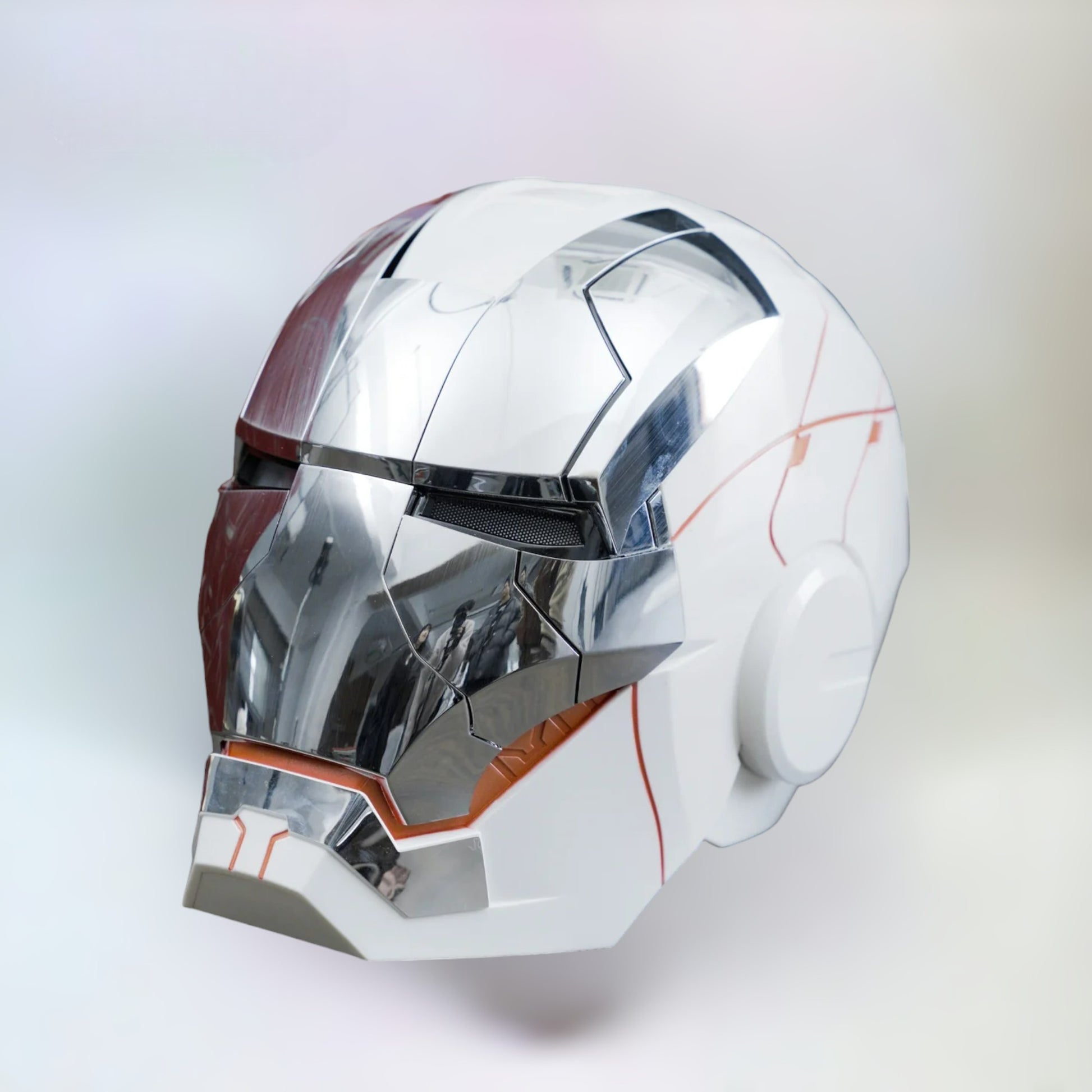 Iron Man Helmet MK5 White Edition with Jarvis Voice Control on a plain white background.