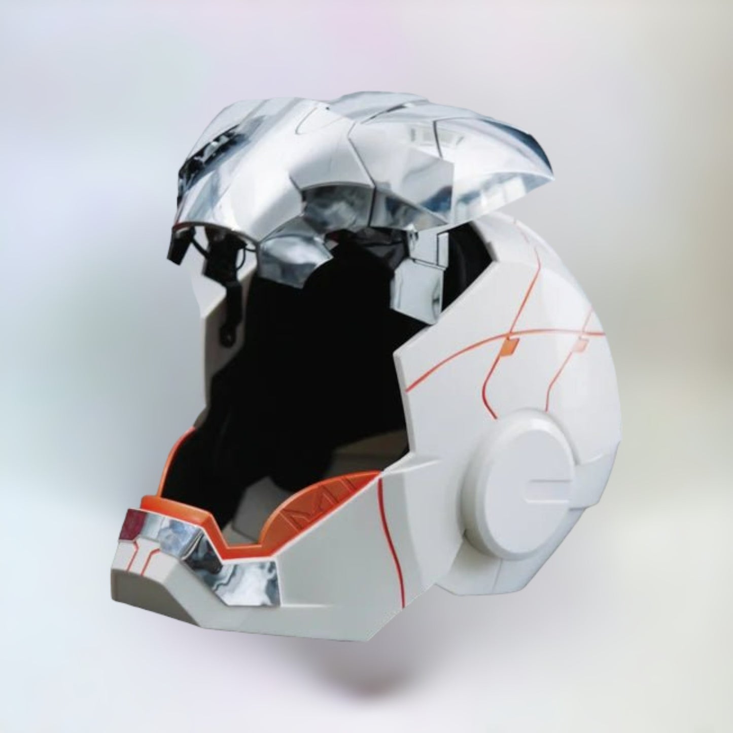Iron Man Helmet MK5 White Edition with Jarvis Voice Control with Open Style 1 on a plain white background.