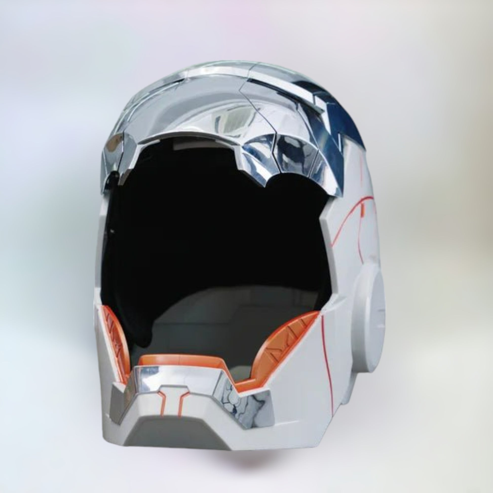 Iron Man Helmet MK5 White Edition with Jarvis Voice Control with Open Style 2 on a plain white background.