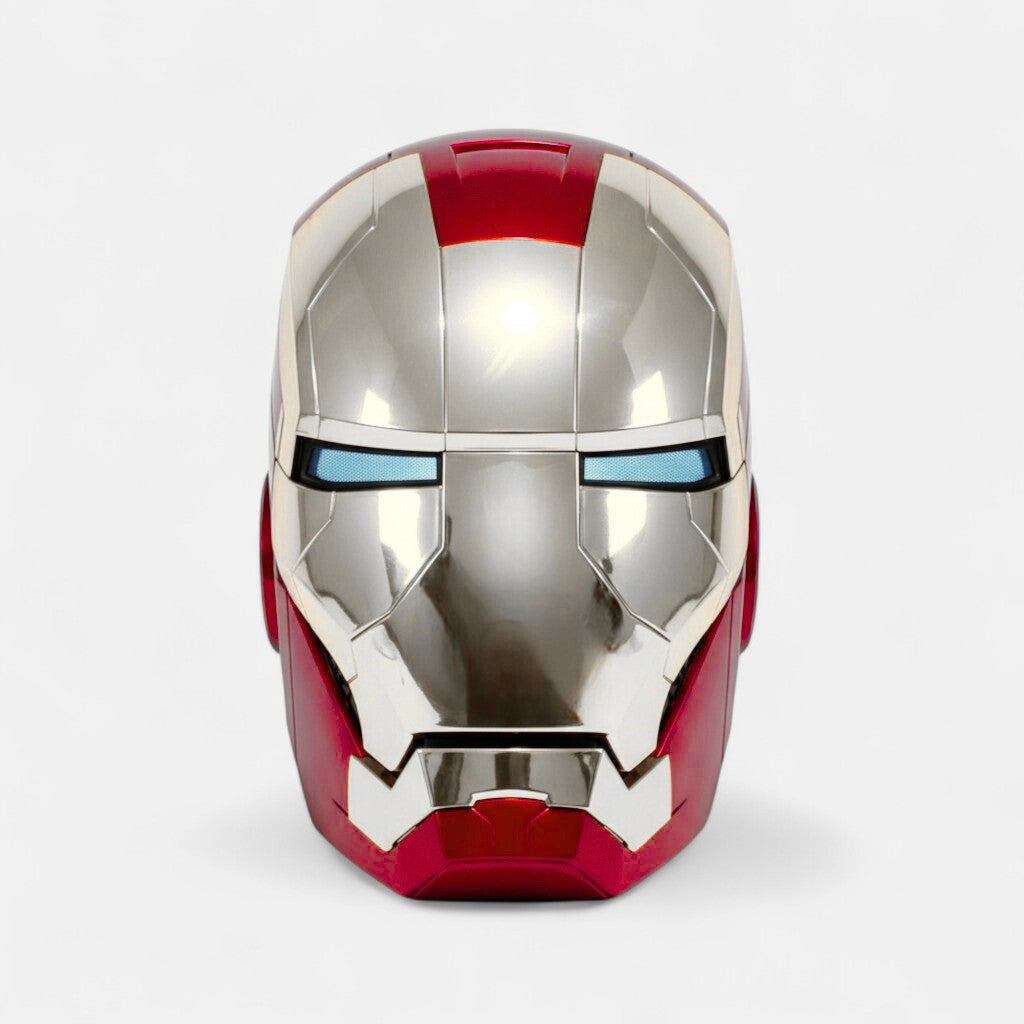 iron man helmet front side Iron Man MK5 Helmet Silver Edition with Voice Activation – HeroHaven