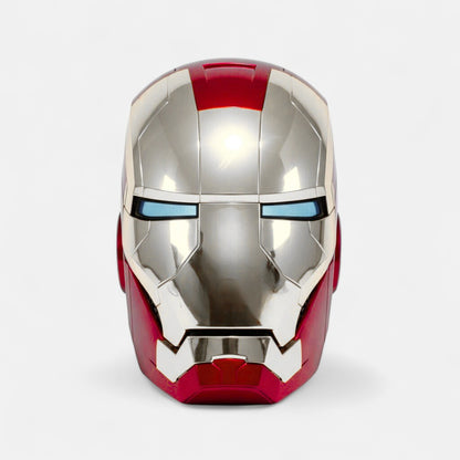 The silver Iron Man MK5 helmet front side with blue eyes on a white background