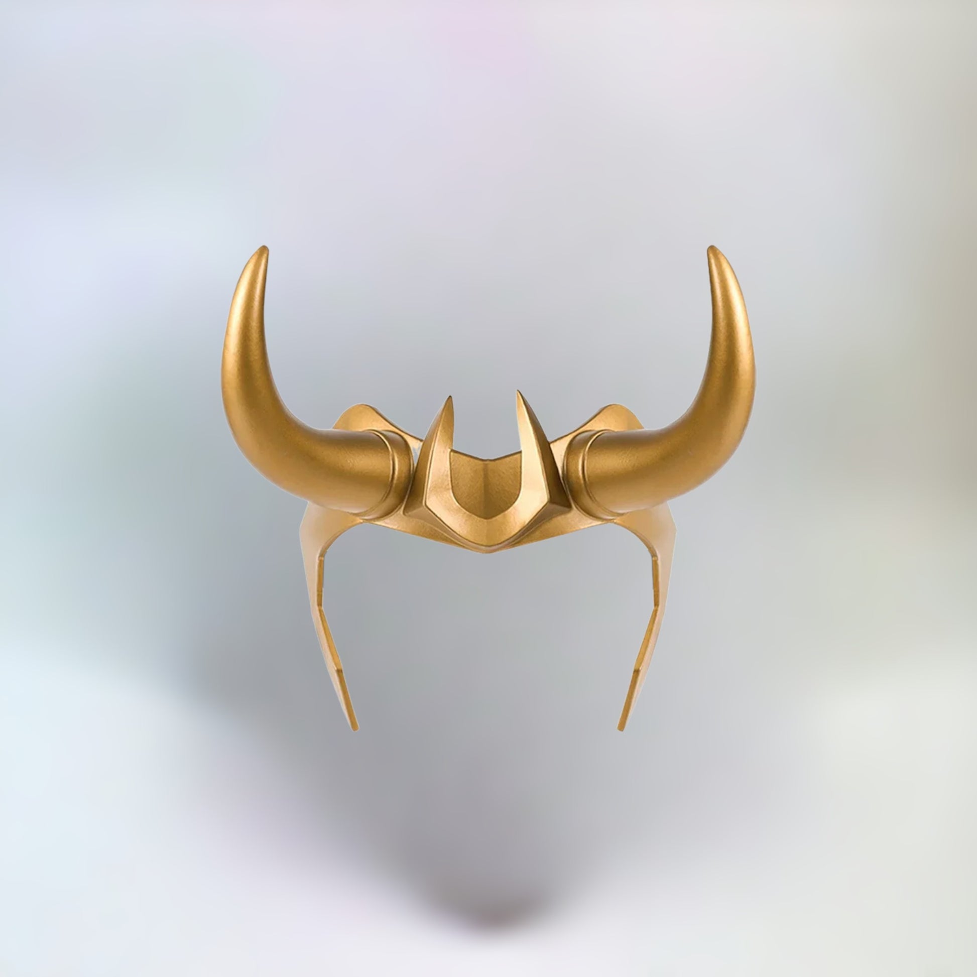 A realistic gold loki crown with the 2 iconic horns on a plain white background.