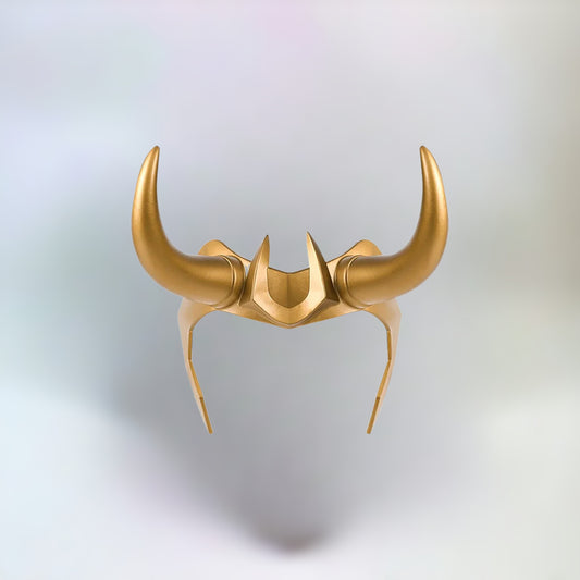 A realistic gold loki crown with the 2 iconic horns on a plain white background.