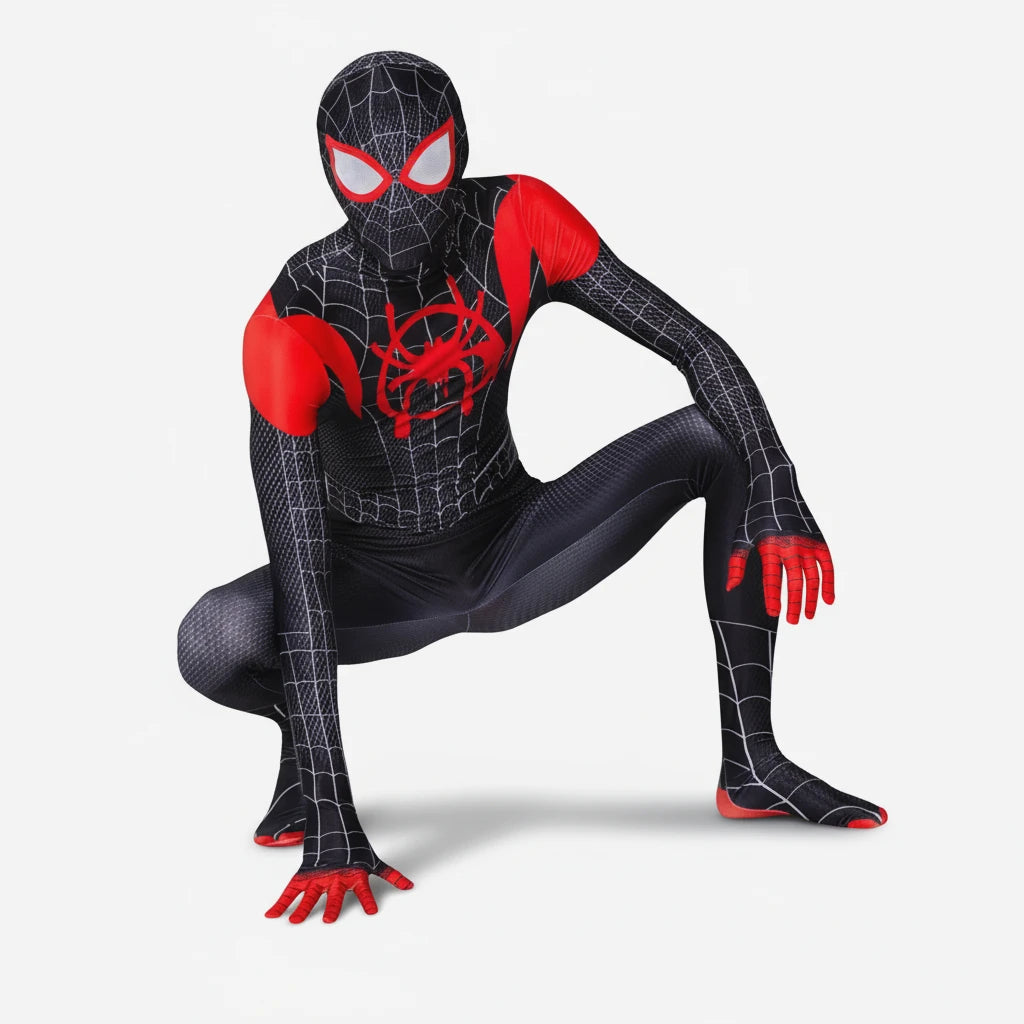 Kneeling pose Miles Morales costume with white background.